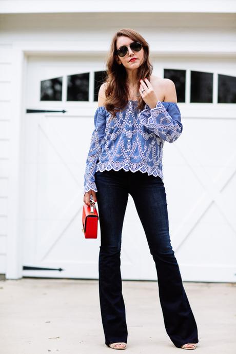 Dallas blogger Amy Havins wears a blue off the shoulder blouse by Kendall & Kylie Jenner. 