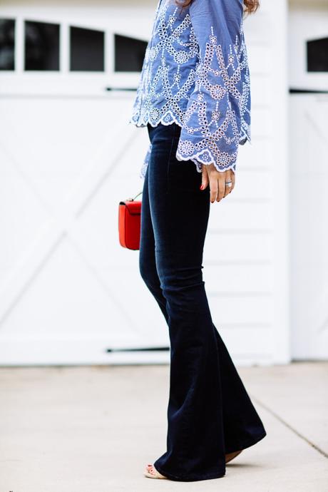 Dallas blogger Amy Havins wears a blue off the shoulder blouse by Kendall & Kylie Jenner. 