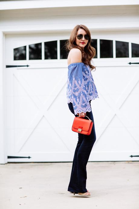 Dallas blogger Amy Havins wears a blue off the shoulder blouse by Kendall & Kylie Jenner. 