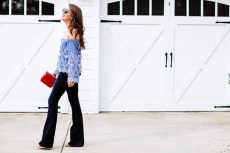 Dallas blogger Amy Havins wears a blue off the shoulder blouse by Kendall & Kylie Jenner. 