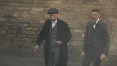 Peaky Blinders – Tommy’s Gray Striped Flannel Suit Tommy and Arthur arrive to deliver the big news to John.