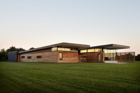 Modern home with a cantilevered roof in the Missouri prairie