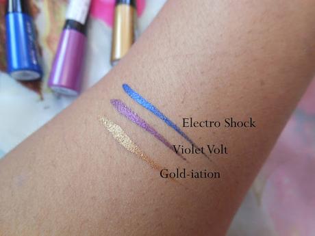 Maybelline Hyper Glossy Electrics Liquid Eyeliner - Violet Volt, Electro Shock, Gold-iation // Review, Swatches