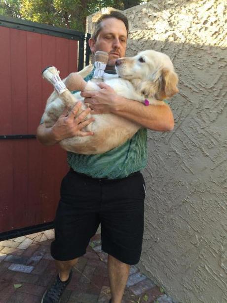 In this Saturday, March 12, 2016 photo, Richard Howell carries Chi Chi, a golden retriever mix, at his home in Phoenix. The 2-year-old dog has spent two months in a veterinary clinic in Seoul learning how to live with prosthetic paws. (AP Photo/Terry Tang)