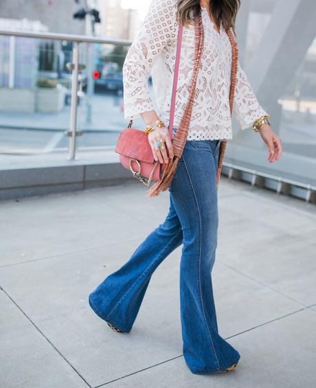 chic at every age, style at any age, how to wear a lace top, flare jeans, brixton hat, skinny scarf, chloe faye bag