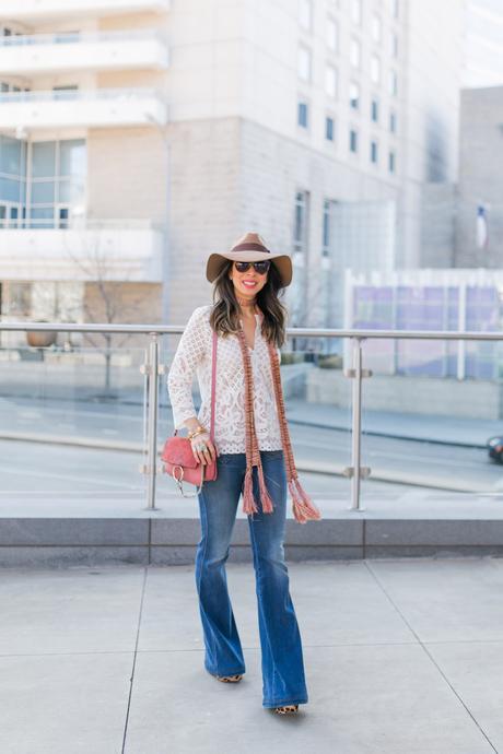 chic at every age, style at any age, how to wear a lace top, flare jeans, brixton hat, skinny scarf, chloe faye bag