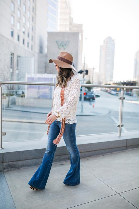 chic at every age, style at any age, how to wear a lace top, flare jeans, brixton hat, skinny scarf, chloe faye bag