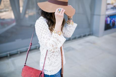 chic at every age, style at any age, how to wear a lace top, wishing well acacia ring, julie vos bangles, brixton hat, skinny scarf, chloe faye bag