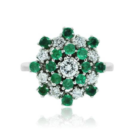 14k White Gold Diamond & Emerald Cluster Cocktail Ring