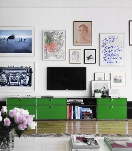 Green Media Cabinet With TV On A Gallery Wall