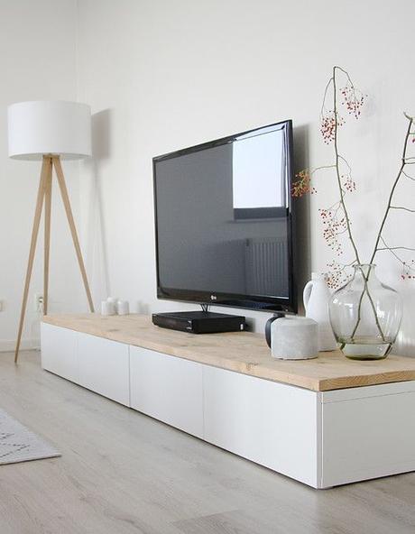 White And Pale Wood Living Room With Makeshift Media Console 