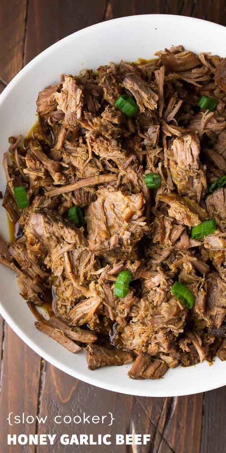 Slow Cooker Honey Garlic Beef Slow Cooker Honey Garlic Beef, a simple 7-ingredient slow cooker recipe that cooks for 8-10 hours! Plus 3 recipes to use up your left-overs.