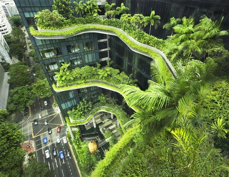 Outdoor green terraces of PARKROYAL tower in Singapore.