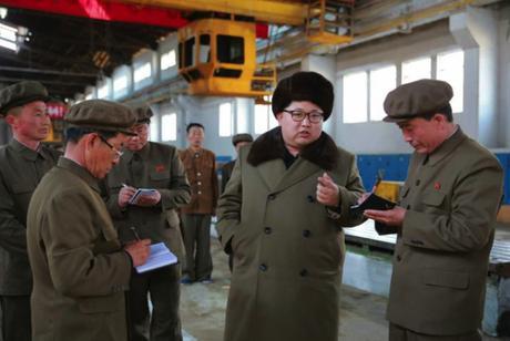 Kim Jong Un issues instructions about upgrades and production at the February 11 Plant of the Ryongso'ng Machine Complex in Hamhu'ng, South Hamgyo'ng Province (Photo: Rodong Sinmun).