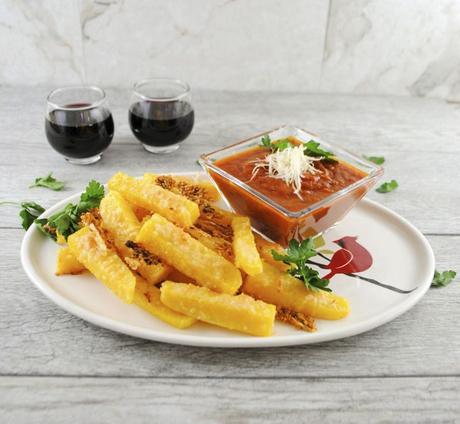Baked Fries with Polenta, Parmesan and Marinara Sauce – a 5 Ingredient Appetizer