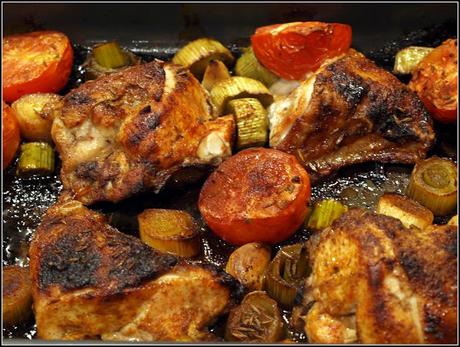 Roast chicken with Leeks and Tomatoes