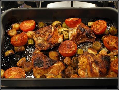 Roast chicken with Leeks and Tomatoes
