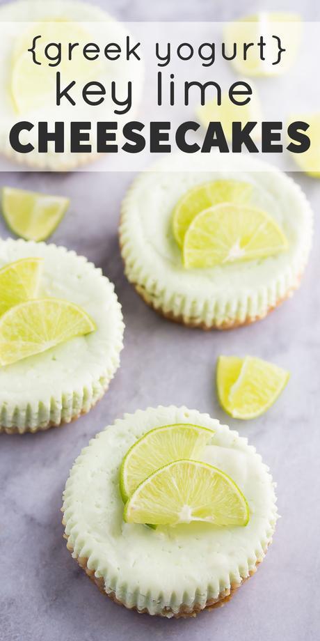 Greek Yogurt Key Lime Cheesecakes, a healthier dessert recipe with only 125 calories per cheesecake!