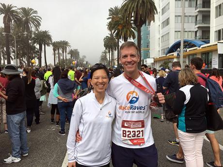 Mike Sohaskey and Katie Ho at Los Angeles Marathon finish line
