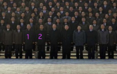 Ri Pyong Chol (1) and Ri Man Gon (2) attend a commemorative photo-op with personnel involved in the January 2016 nuclear test (Photo: Rodong Sinmun).