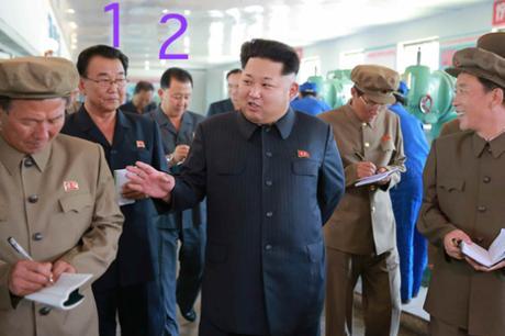 Ri Man Gon (1) accompanies Kim Jong Un on a tour of the Sinu'iju Measuring Instrument Factory during September 2015. Also in attendance at that visit was Second Economic Committee Chairman Jo Chun Ryong (2) (Photo: Rodong Sinmun/KCNA).
