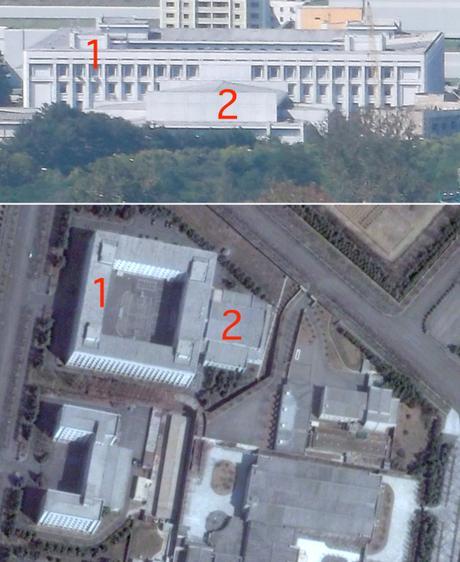The buildings of the WPK Organization Guidance Department and Liaison Office in the WPK Central Committee Office Complex #1 in central Pyongyang (Photos: NK Leadership Watch and Digital Globe).