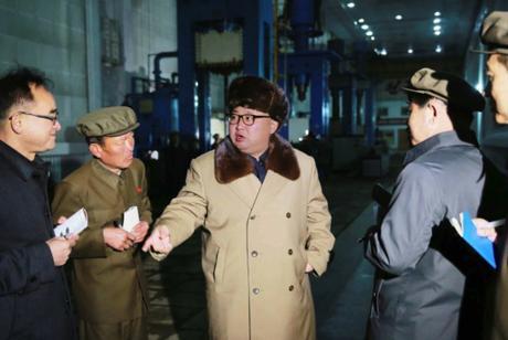 Kim Jong Un Observed and Guides AA Missile Test and Visits Tonghu’ngsan Machine Plant Kim Jong Un visits the Tonghu'ngsan Machine Plant in Hamhu'ng, South Hamgyo'ng Province. Also in attendance are WPK Organization Guidance Department deputy director Jo Yong Won (left) and WPK Military (machine-building) Industry Department deputy director Hong Yong Chil (2nd right) (Photo: Rodong Sinmun).