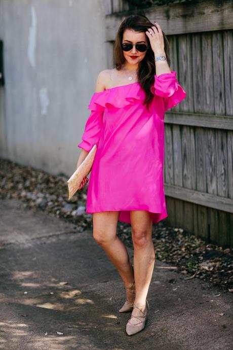 Dallas Blogger Amy Havins wears an Amanda Uprichard off the shoulder pink mini dress.