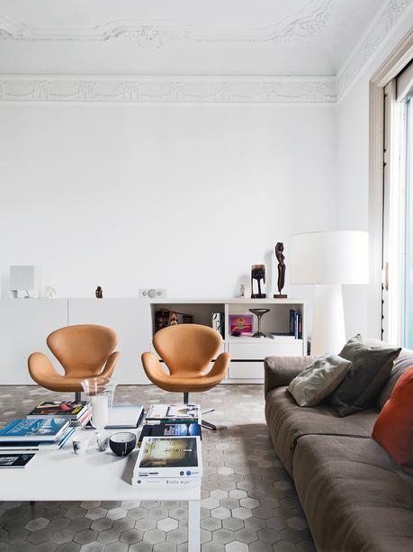 apartment, Barcelona, Spain, tan, chairs, white, tile