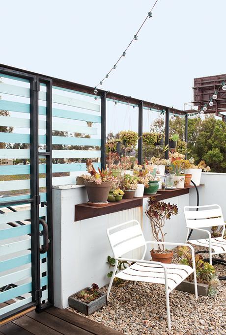 Patio with horizontal slats off a micro-living unit