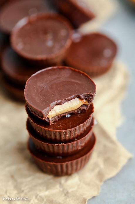 These homemade Peanut Butter Cups are a healthier version of my favorite candy, made with only four ingredients! They are made with a refined sugar-free + vegan homemade chocolate and sprinkled with flaky sea salt.