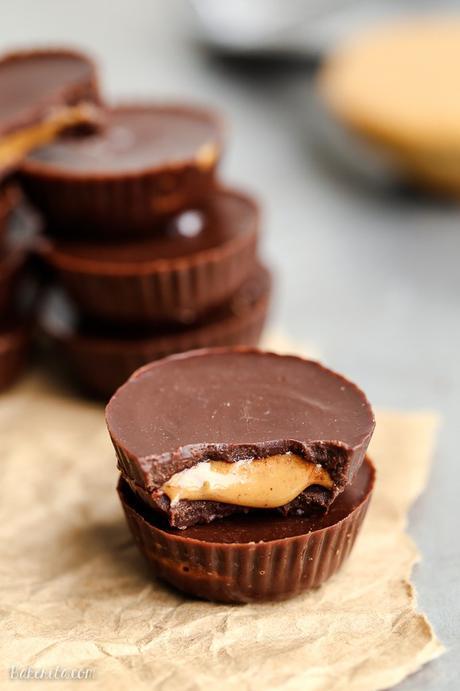 These homemade Peanut Butter Cups are a healthier version of my favorite candy, made with only four ingredients! They are made with a refined sugar-free + vegan homemade chocolate and sprinkled with flaky sea salt.