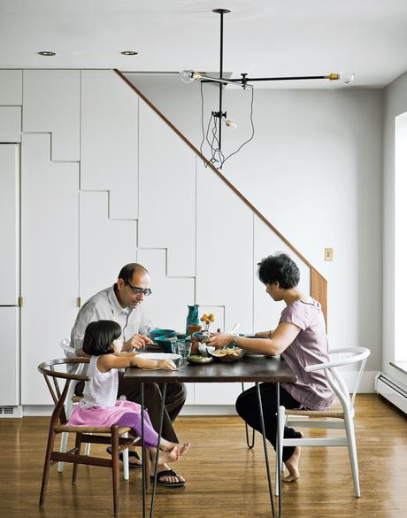 Modern kitchen with mid-century walnut table and Hans Wegner chairs