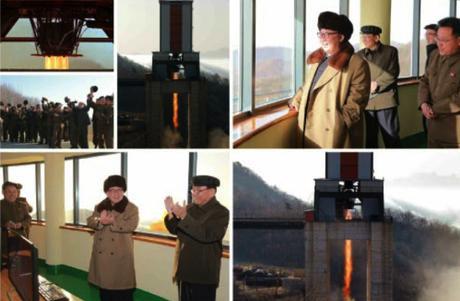 Kim Jong Un and senior defense industry officials observe a test of an ICBM engine at Sohae Space Center (Photos: Rodong Sinmun/KCNA).