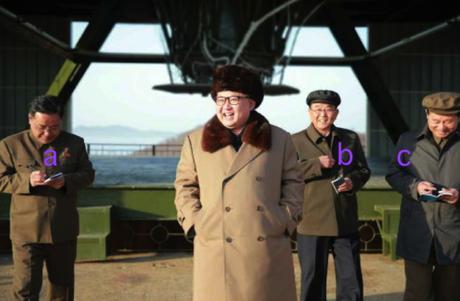 Kim Jong Un at the engine test site at Sohae Space Center.  Also in attendance are WPK Military Industry Department deputy director Kim Jong Sik [a], WPK Military Industry Department Director Ri Man Gon [b] and WPK Military Industry Department deputy director Hong Yong Chil [c] (Photo: Rodong Sinmun).