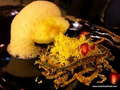 Raj Kachori with Crispy Okra Salad and Chutney Foam