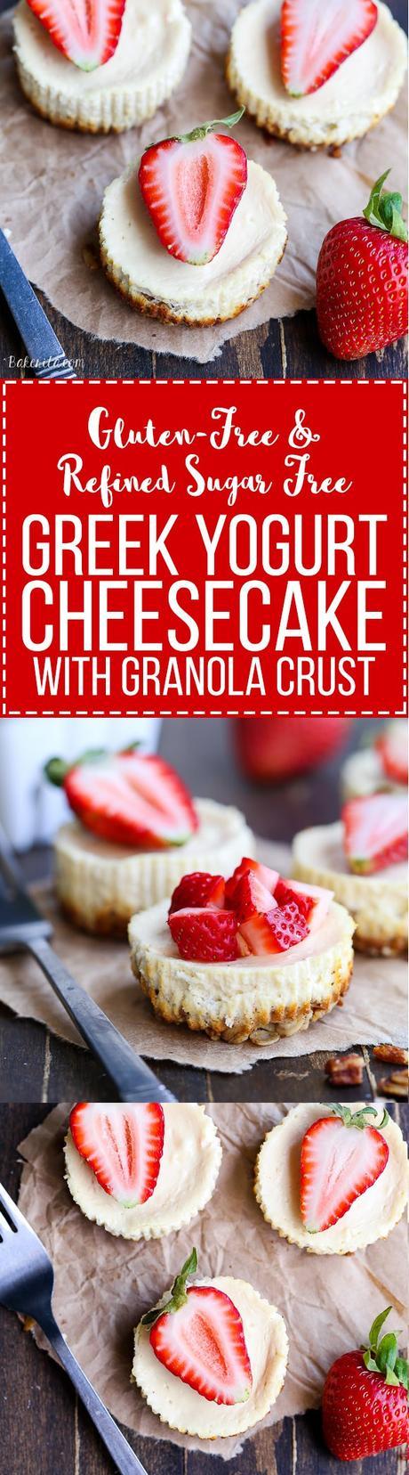 These Greek Yogurt Cheesecakes are smooth and creamy with a bit of tanginess and a crunchy granola crust. These gluten-free cheesecakes were delicious for breakfast topped with fresh berries, and they're only 177 calories each!