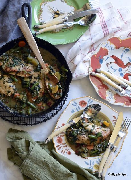 chicken in onion wine sauce with farm vegetables