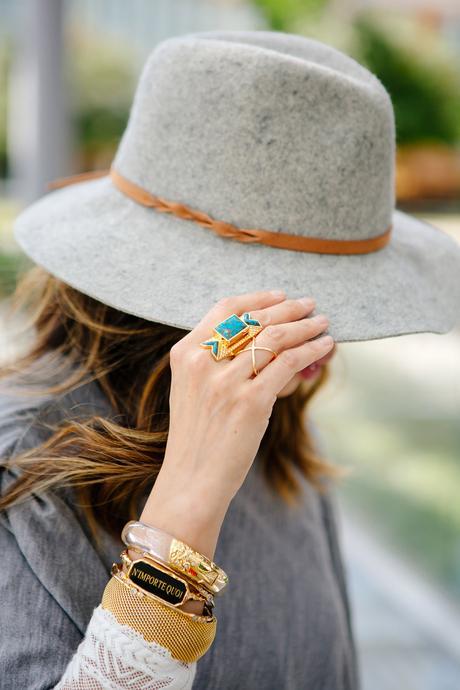 Wishing Well Intention Acacia Ring, target gray wool hat, barse crossover ring, alexis bittar lucite & n'importe quoi bracelet, vintage bracelet