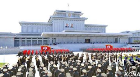 Meeting of KPA service members and officers on April 10, 2016 to commemorate the birth anniversary of Kim Il Sung (Photo: KCNA).