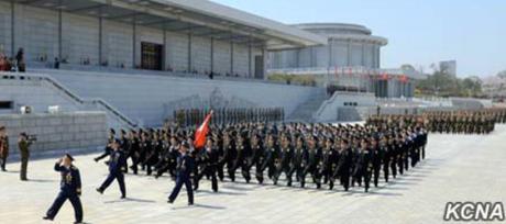KPA service members march through Ku'msusan Plaza on April 10, 2016 at the end of the meeting (Photo: KCNA).