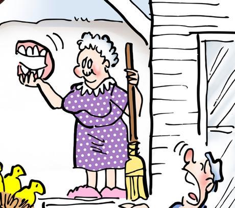 spring cleaning, old granny with broom showing she found her lost false teeth
