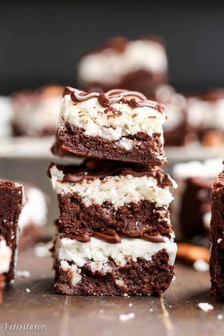 These Almond Joy Brownies have a coconut butter topping and a drizzle of dark chocolate - you'd never guess that these indulgent brownies are gluten-free, refined sugar-free, and Paleo!