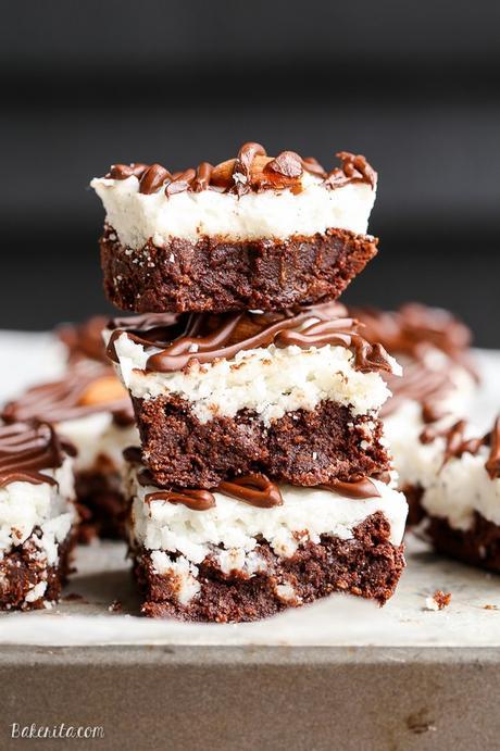 These Almond Joy Brownies have a coconut butter topping and a drizzle of dark chocolate - you'd never guess that these indulgent brownies are gluten-free, refined sugar-free, and Paleo!