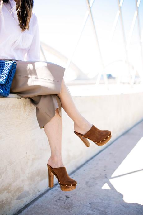 frank & eileen boyfriend shirt, zara faux leather culottes, gucci clogs, miu miu clutch, 7th street bridge fort worth