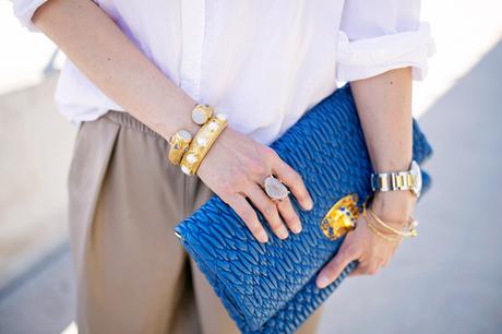 frank & eileen boyfriend shirt, zara faux leather culottes, miu miu clutch, julie vos siena bangle and baroque cuff, kelly wearstler tamarino ring