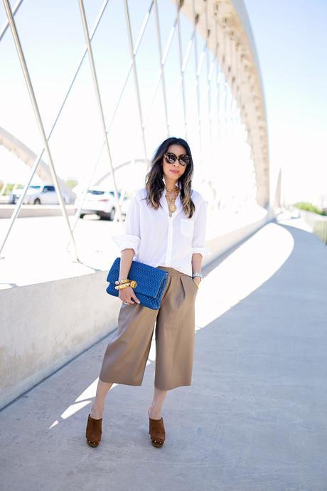 frank & eileen boyfriend shirt, zara faux leather culottes, gucci clogs, miu miu clutch, julie vos siena pendant, 7th street bridge fort worth