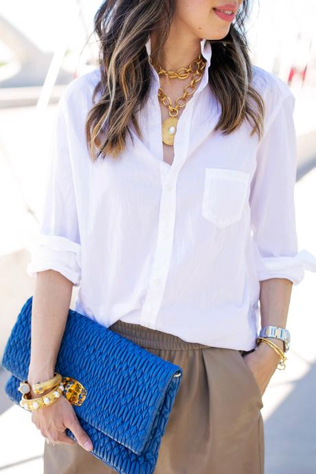 frank & eileen boyfriend shirt, zara faux leather culottes, miu miu clutch, julie vos siena pendant baroque cuff siena bangle