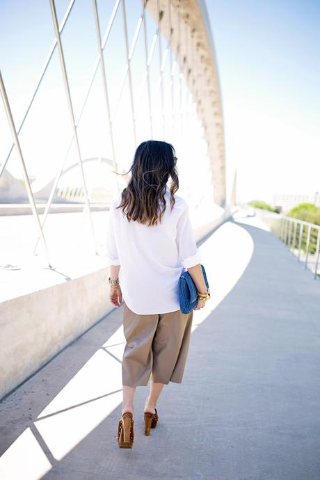 frank & eileen boyfriend shirt, zara faux leather culottes, gucci clogs, miu miu clutch, 7th street bridge fort worth