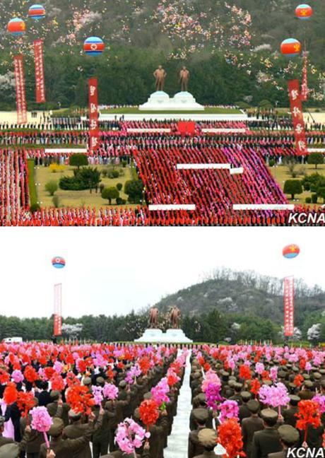 Views of a ceremony unveiling statues of Kim Il Sung and Kim Jong Il at the Kunja-ri Revolutionary Site in So'ngch'o'n, South P'yo'ngan Province on April 12, 2016 (Photos: KCNA).